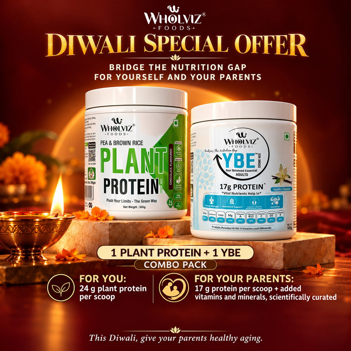 COMBO Pack Of Plant Protein Drink Mix – Pea & Brown Rice | Chocolate | 500g + YBE Adults Protein Drink Mix – Vanilla - 500g