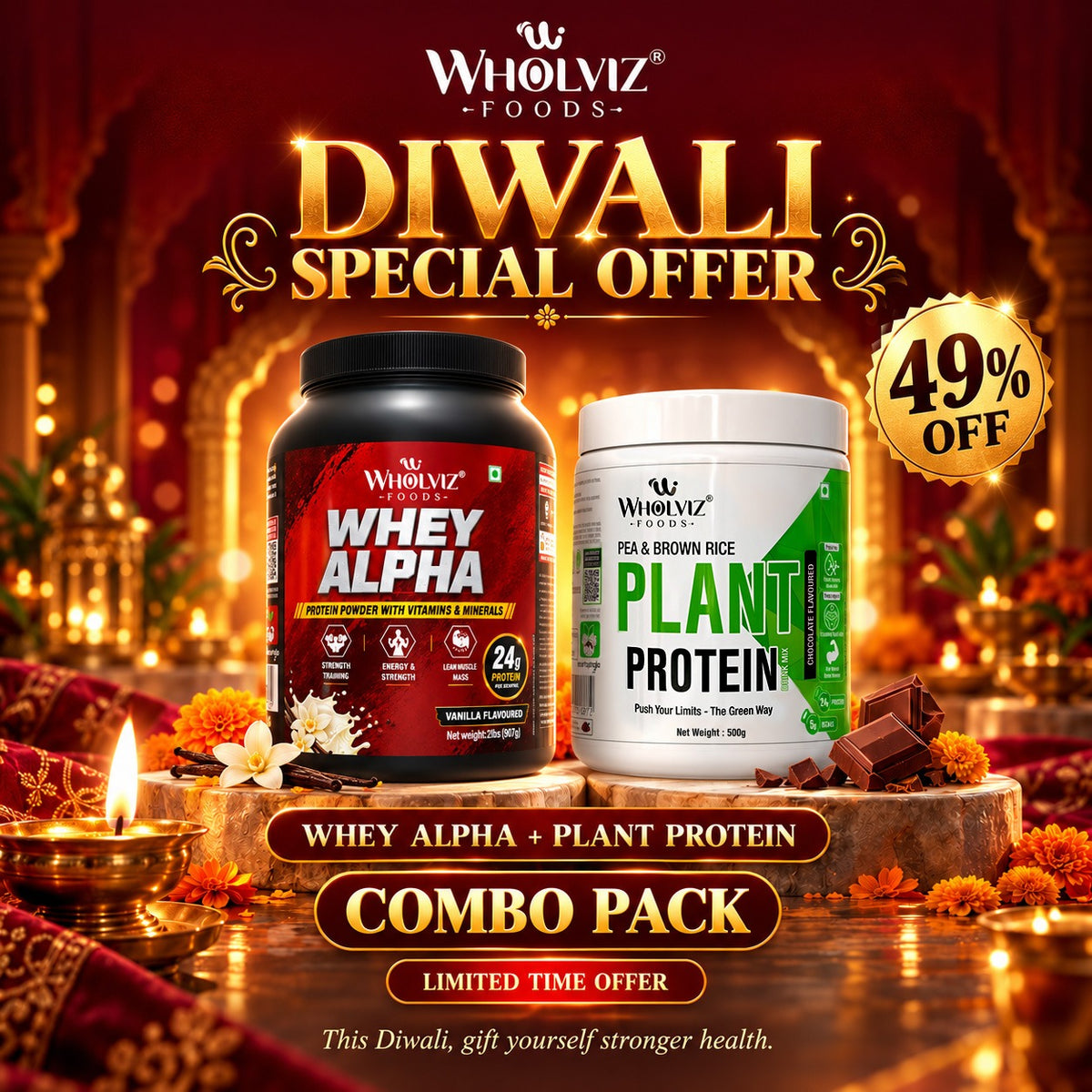 COMBO Pack Of Whey Protein Alpha drink mix – 2 lbs Vanilla flavour + Plant Protein Drink Mix – Pea & Brown Rice | Chocolate | 500g