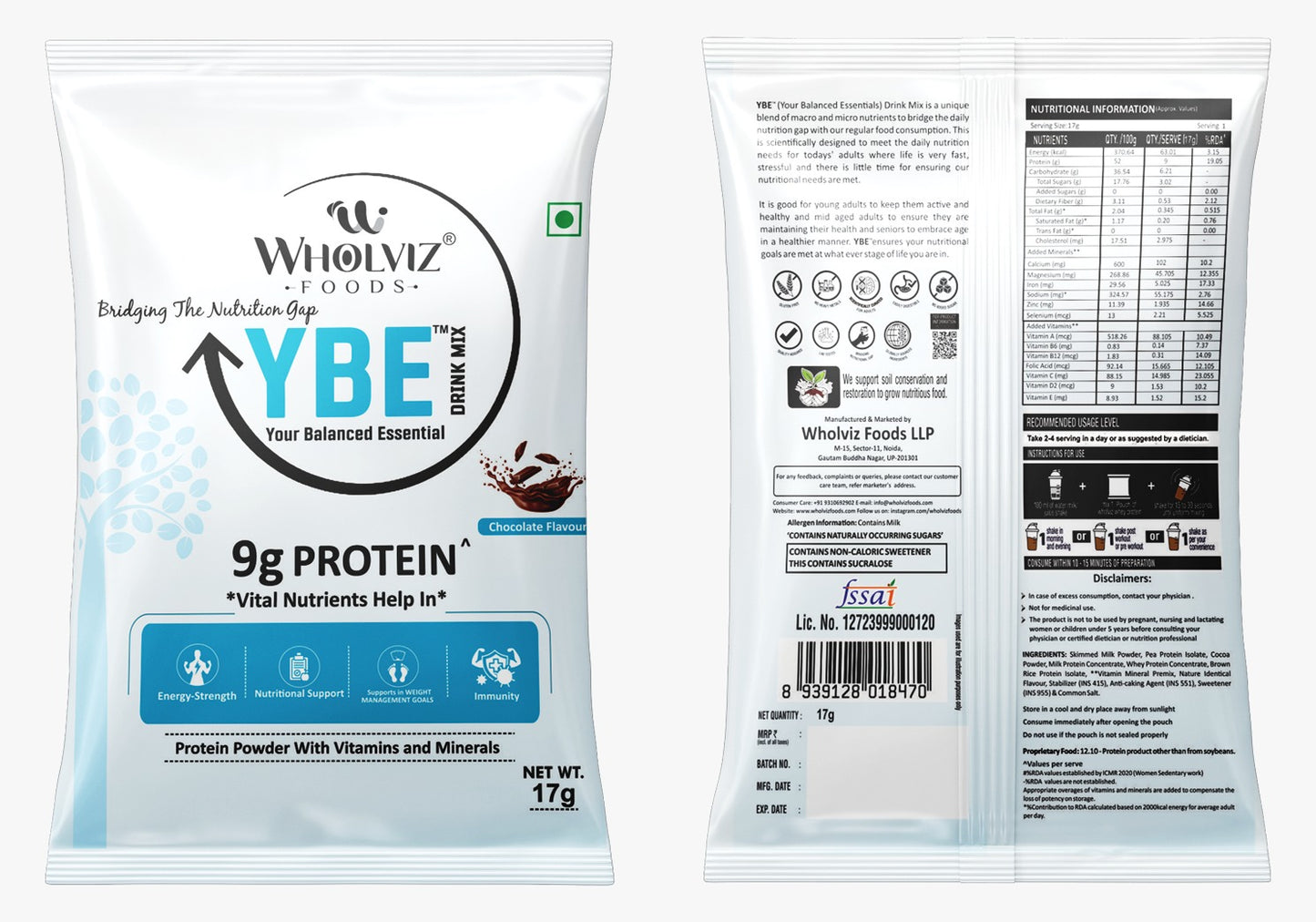 YBE Adult Protein Drink Mix – Chocolate - 17G SACHET Trial Pack (Pack of 12) .