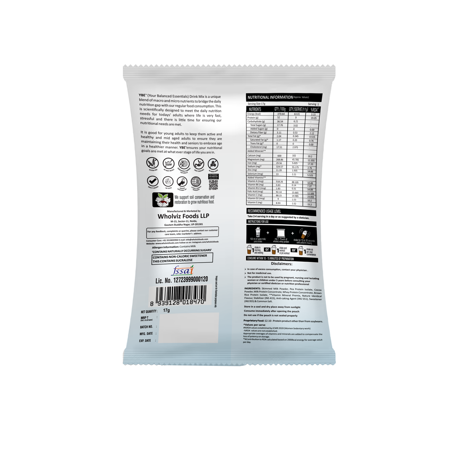 YBE Adult Protein Drink Mix – Chocolate - 17G SACHET Trial Pack (Pack of 24) .
