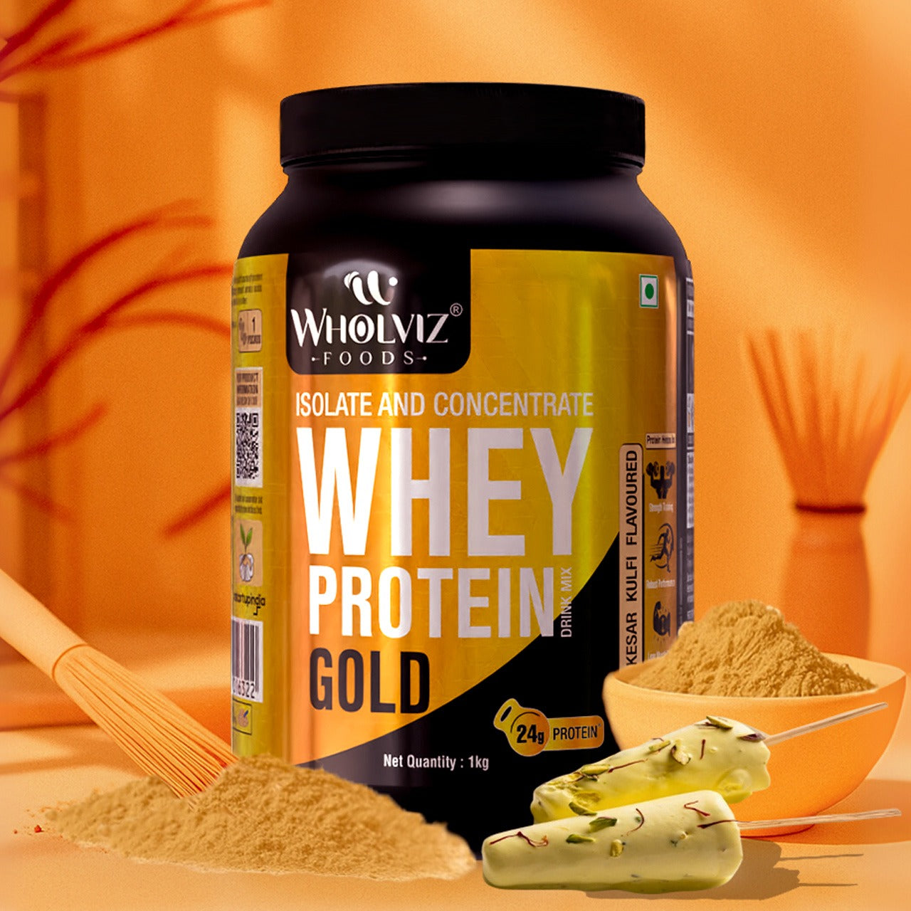 Wholviz Foods whey protein gold container 