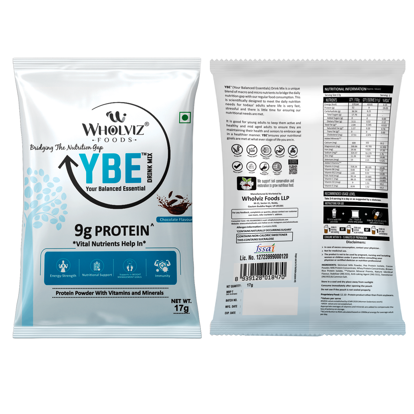 YBE Adult Protein Drink Mix – Chocolate - 17G SACHET Trial Pack (Pack of 24) .